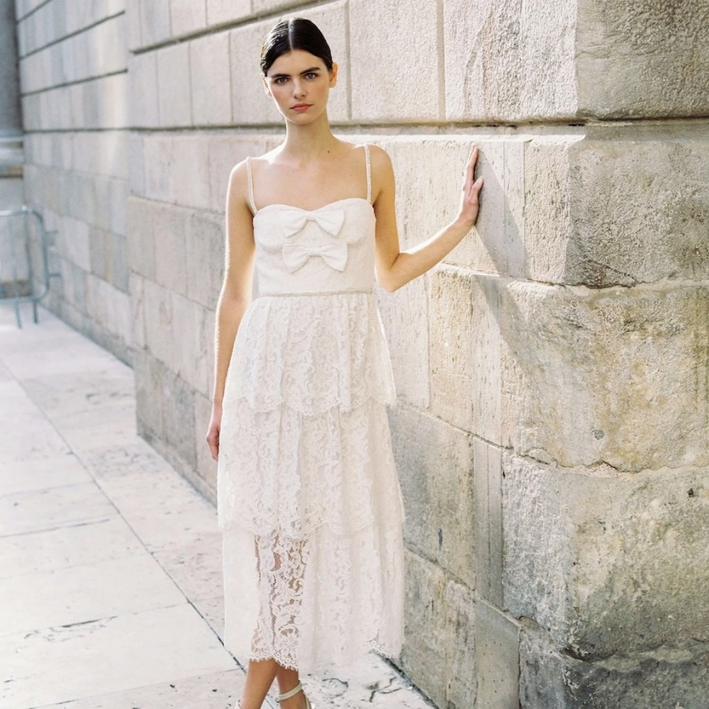 Self-Portrait Cream Cord Lace Tiered Midi Dress US8